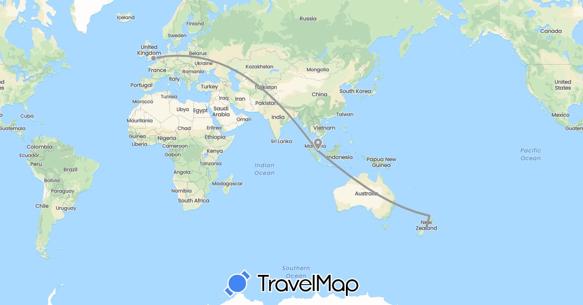 TravelMap itinerary: driving, plane in United Kingdom, New Zealand, Singapore (Asia, Europe, Oceania)