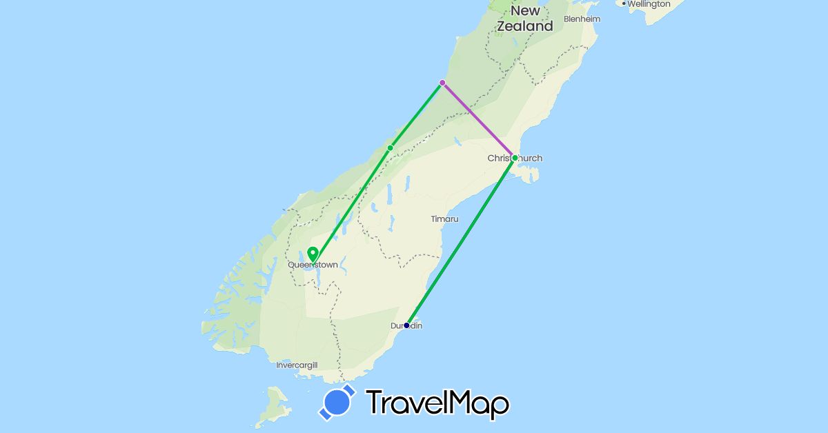 TravelMap itinerary: driving, bus, train in New Zealand (Oceania)